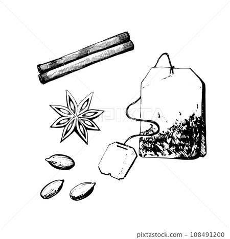 Vector illustration. Tea bag, cardamom star, anise, cinnamon drawn in vector on a white background. For printing on fabric, paper, for kitchen and dining room decor. For scrapbooking, invitations Vector illustration. Tea bag, cardamom star, anise, cinnamon drawn in vector on a white background. For printing on fabric, paper, for kitchen and dining room decor. For scrapbooking, invitations 108491200