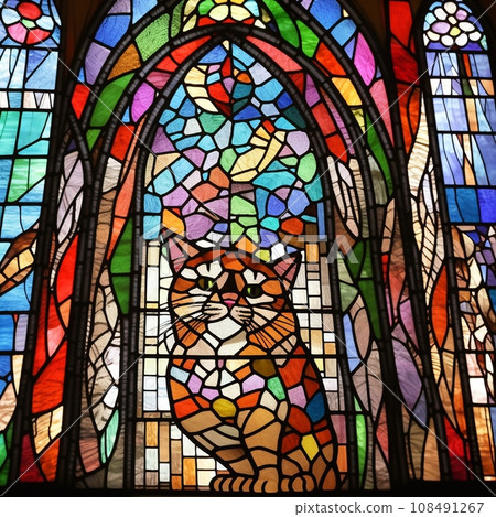 Stained glass in a church worshiping cats 108491267