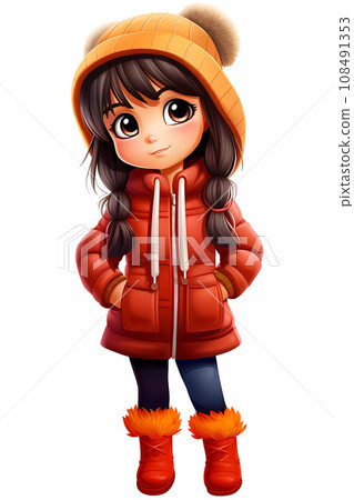 Cute Girl Dressed in Winter Clothes Happy Cartoon Character 108491353
