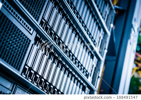 Row of hard disks used for data storage in internet data center 108491547