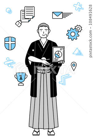Image of DX, a senior man wearing a crested hakama who uses digital technology to improve business operations, a New Year's shrine visit and a wedding ceremony. Image of DX, a senior man wearing a crested hakama who uses digital technology to improve business operations, a New Year's shrine visit and a wedding ceremony. 108491628