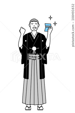 A senior man wearing a crested hakama is happy to see his bankbook, at a New Year's shrine visit or at a wedding. A senior man wearing a crested hakama is happy to see his bankbook, at a New Year's shrine visit or at a wedding. 108491632