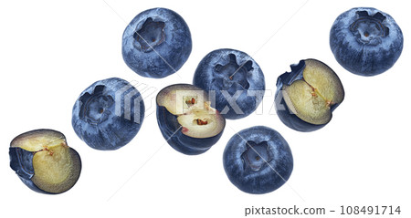 Falling blueberries, bilberry halves isolated on white background 108491714