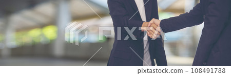 Banner Trust honesty business customer handshake together promise partner. Panorama Businessman teamwork diversity solidarity team Partner hands together. Team meeting shaking hands with copy space 108491788