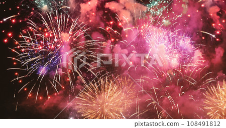 Purple Firework celebrate anniversary happy new year 2024, 4th of july holiday festival. Purple firework in night time celebrate national holiday. Violet firework Countdown to new year 2023 festival Purple Firework celebrate anniversary happy new year 2024, 4th of july holiday festival. Purple firework in night time celebrate national holiday. Violet firework Countdown to new year 2023 festival 108491812