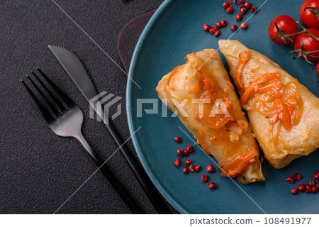 Delicious cabbage rolls with meat, rice, salt, spices and herbs 108491977
