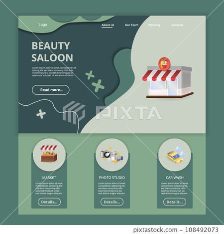 Beauty saloon flat landing page website template. Market, photo studio, car wash. Web banner with header, content and footer. Vector illustration. Beauty saloon flat landing page website template. Market, photo studio, car wash. Web banner with header, content and footer. Vector illustration. 108492073