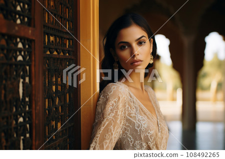 A beautiful and stylish woman in an elegant lace dress, set against the backdrop of a magnificent A beautiful and stylish woman in an elegant lace dress, set against the backdrop of a magnificent 108492265