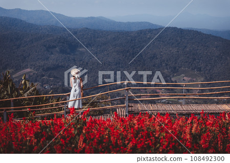 Traveler asian woman travel in flower garden at Chiang Mai Thailand 108492300