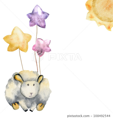 Watercolor hand drawn illustration, cute little plush baby sheep with star balloons and sun. Textured effect. Composition isolated on white background. For kids, children bedroom, fabric, linens print Watercolor hand drawn illustration, cute little plush baby sheep with star balloons and sun. Textured effect. Composition isolated on white background. For kids, children bedroom, fabric, linens print 108492544