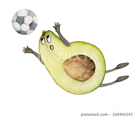 Hand drawn watercolor avocado character playing soccer football, goalkeeper catching ball. Fitness health. Illustration isolated composition, white background. Design poster, print, website, card, gym 108492545