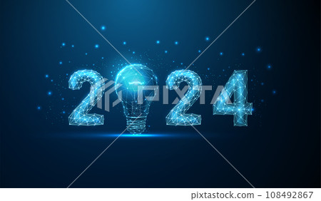Abstract Happy 2024 New Year greeting card with light bulb. Low poly style design. Abstract Happy 2024 New Year greeting card with light bulb. Low poly style design. 108492867