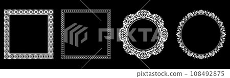 Set of decorative frames Elegant vector element for design in Eastern style, place for text. Floral black and white borders. Lace illustration for invitations and greeting cards. Set of decorative frames Elegant vector element for design in Eastern style, place for text. Floral black and white borders. Lace illustration for invitations and greeting cards. 108492875