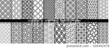 Geometric set of seamless black and white patterns. Simple vector graphics Geometric set of seamless black and white patterns. Simple vector graphics 108492876