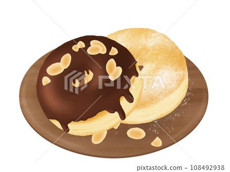 Chocolate donut and sugar donut set on a wooden plate 108492938