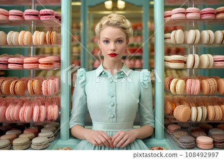 Vintage Charm-Woman and Pastel Macarons. AI-generated content 108492997