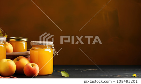 Homemade delicious apple compote in a glass jar. Appetizing peach jam in jars Homemade delicious apple compote in a glass jar. Appetizing peach jam in jars 108493201