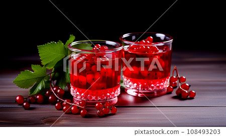 Close-up of red currant compote on a wooden table. Close-up of red currant compote on a wooden table. 108493203