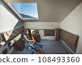 Travel woman with dress relax inside a camper car recreational vehicle 108493360