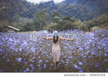 Traveler asian woman travel in flower garden at Khao Yai Thailand 108493368