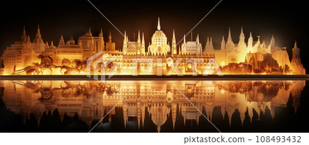 A paper city with internal illumination. Handmade diarama. Evening, illuminated streets 108493432