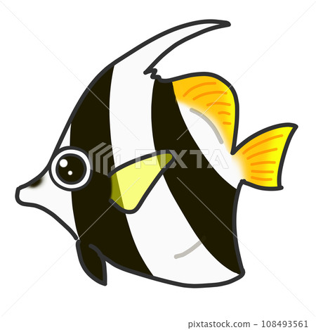 一種名為 Hatatatedai 的熱帶魚的插圖，有可愛的黃色和黑色條紋 108493561