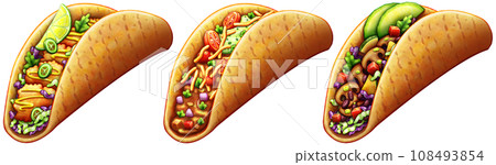 Set of three different tacos on a transparent background 108493854