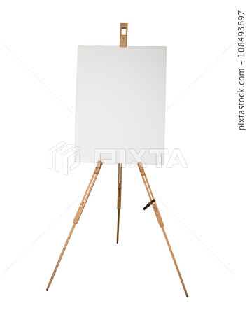 Empty canvas on a wooden easel tripod. Art supply tools mock up 108493897