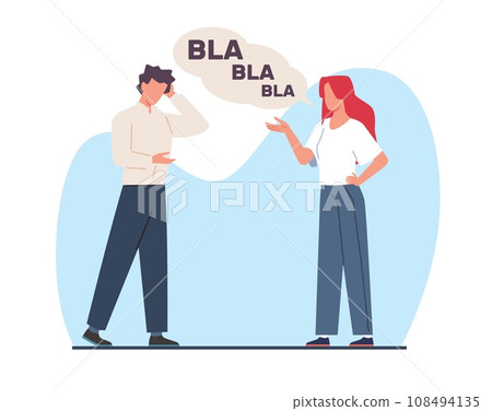 Woman chatting up man whos bored. Girl and boy communication. Tired human. Uninteresting talk. Unsuccessful date. Blah in speech bubble cartoon flat style isolated vector boredom concept Woman chatting up man whos bored. Girl and boy communication. Tired human. Uninteresting talk. Unsuccessful date. Blah in speech bubble cartoon flat style isolated vector boredom concept 108494135