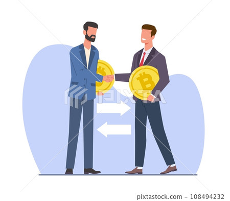 Businessmen shake hands and exchange cryptocurrency. Men hold bitcoins. Currency transaction. Stock trading online application cartoon flat isolated illustration. Vector crypto financial concept Businessmen shake hands and exchange cryptocurrency. Men hold bitcoins. Currency transaction. Stock trading online application cartoon flat isolated illustration. Vector crypto financial concept 108494232