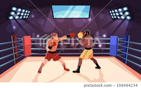 Boxing people. Fighters characters at ring, professional athletes in sparring, strong men in combat sport, Muscular men in sparring on championship tidy vector cartoon flat isolated concept 108494234