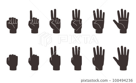 Black hands counting icons. Calculating gesture, human arms silhouettes, front and back view, different fingers numbers, interactive communication signs nowaday vector cartoon flat isolated set 108494236