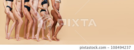 Cropped image of different women, legs with different skin color and body shapes standing in underwear against beige studio background 108494237