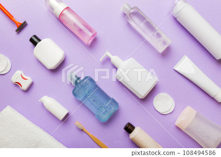 Mockup for bathing products top view flat lay, spa razor, toothpaste, soap, gel and other various accessories. Cosmetics for skin health. Bath Mockup for your logo Mockup for bathing products top view flat lay, spa razor, toothpaste, soap, gel and other various accessories. Cosmetics for skin health. Bath Mockup for your logo 108494586