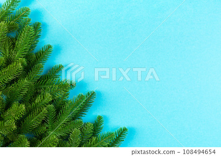 Top view of colorful background made of green fir tree branches. New year holiday concept with copy space Top view of colorful background made of green fir tree branches. New year holiday concept with copy space 108494654