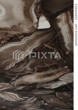 Marble background is brown. Various geometric shapes on background. Flat lay. Top view. Copy space. Vertical photo. 108494855