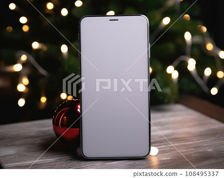 Ai generation. Mockup smartphone with blank screen on wooden table and christmas tree background. Ai generation. Mockup smartphone with blank screen on wooden table and christmas tree background. 108495337