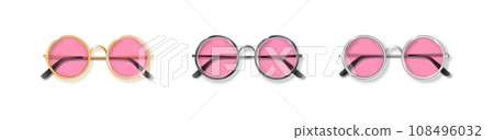 Pink Round Golden, Silver and black frame glasses set isolated, Transparent Sunglasses Accessory. Optics lens vintage Trendy Glasses. Vector 108496032