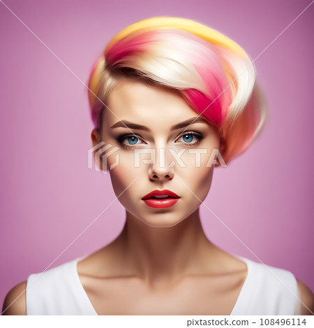 A young woman with short blonde hair dyed in pastel colors A young woman with short blonde hair dyed in pastel colors 108496114