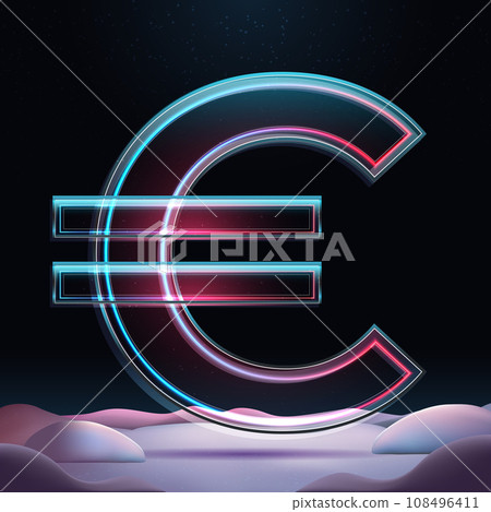 Realistic 3D rendering big glass Euro sign. European currency with neon glow and sparkles insight. Futuristic vector winter illustration 108496411