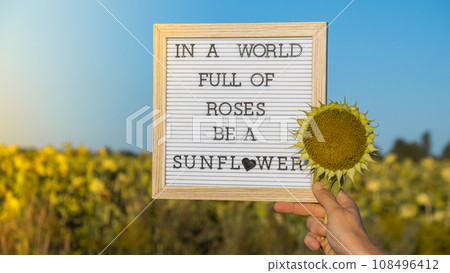 IN A WORLD FULL OF ROSES BE A SUNFLOWER text on white board next to sunflower field. Motivational caption inspirational quote. Be unique saying phrase humor concept. Sunny summer IN A WORLD FULL OF ROSES BE A SUNFLOWER text on white board next to sunflower field. Motivational caption inspirational quote. Be unique saying phrase humor concept. Sunny summer 108496412