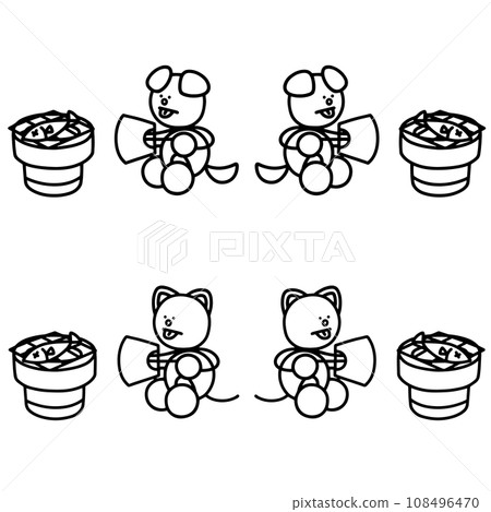 在木炭烤架上烤魚的狗和貓的線條畫集 在木炭烤架上烤魚的狗和貓的線條畫集 108496470