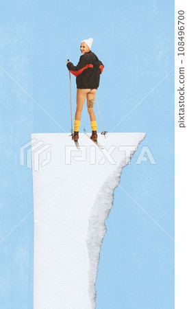Poster. Contemporary art collage. Modern creative artwork. Rear view girl dressed in retro swimwear ranked on top of mountain on skis. Concept of happy holidays. 108496700