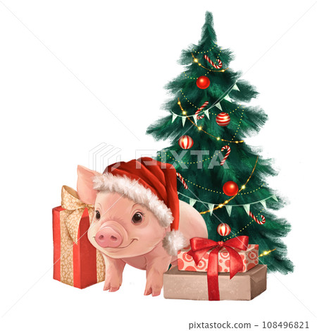 Pig with fir tree and presents. Christmas card 108496821