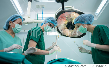 Asian Professional surgeons team performing surgery in the operating room, surgeon, Assistants, and Nurses Performing Surgery on a Patient, health care cancer and disease treatment concept 108496834
