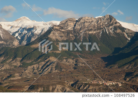 Village and mountains. Village and mountains. 108497526