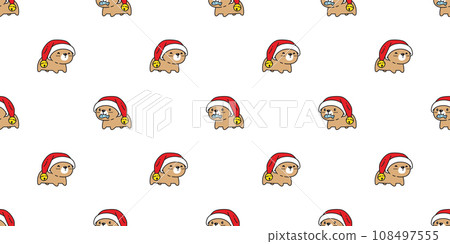 bear polar seamless pattern Christmas tree Santa Claus hat ring bell vector pet doodle snowflake cartoon gift wrapping paper tile background repeat wallpaper illustration scarf isolated design 108497555