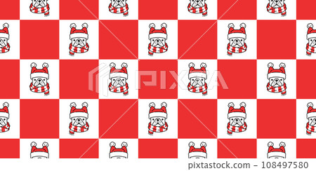 dog seamless pattern french bulldog Christmas scarf Santa Claus hat vector puppy pet doodle cartoon checked tartan plaid gift wrapping paper tile background repeat wallpaper illustration scarf isolate 108497580