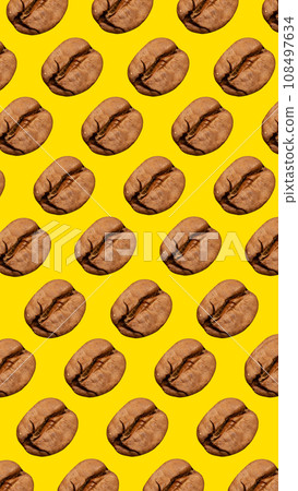 Fresh roasted coffee beans isolated over yellow background. Pattern of coffee. Contemporary art collage. Poster. Drink 108497634