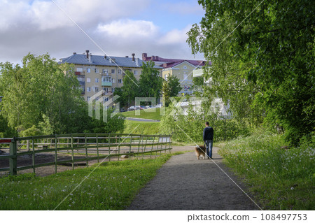 A boy with a dog in the park of the city of Petrozavodsk in the summer A boy with a dog in the park of the city of Petrozavodsk in the summer 108497753